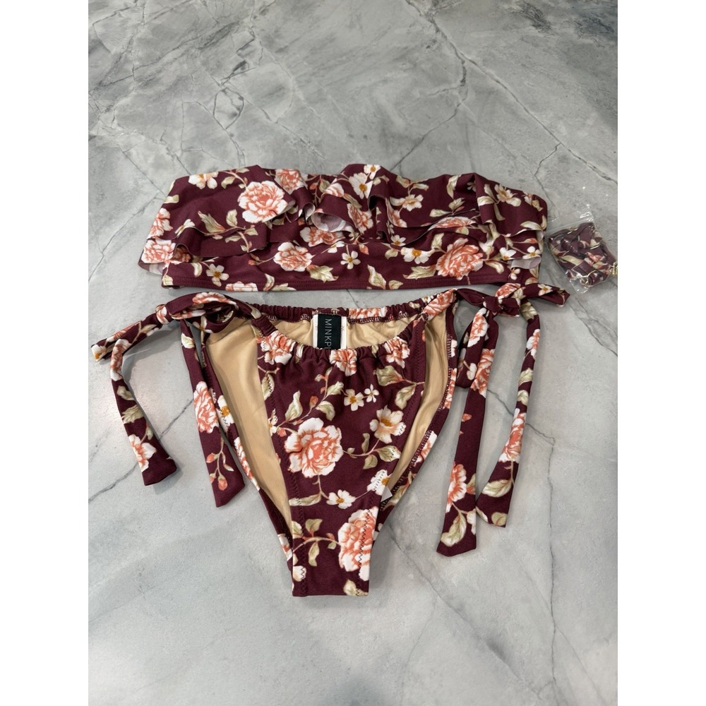 MINKPINK Women's 2-Piece Bikini Swimsuit L Burgundy Floral Bandeau Bikini
